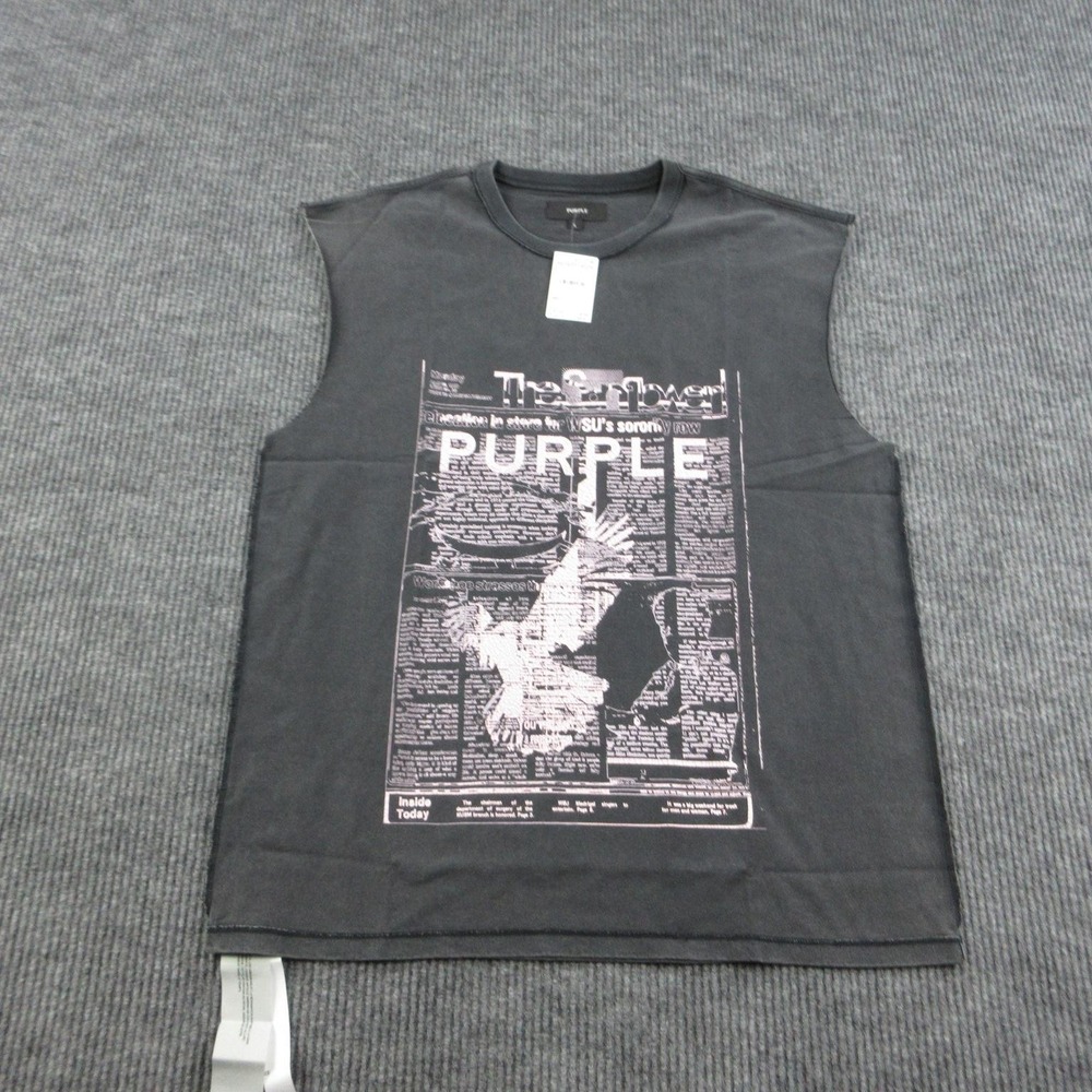 Purple Shirt Mens L Black Sleeveless Textured Jersey Graphic Print Tee NWT